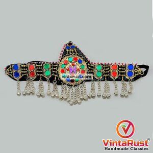 Handmade Matha Patti With Multicolor Glass Stone and Bells, VintageHeadpiece,